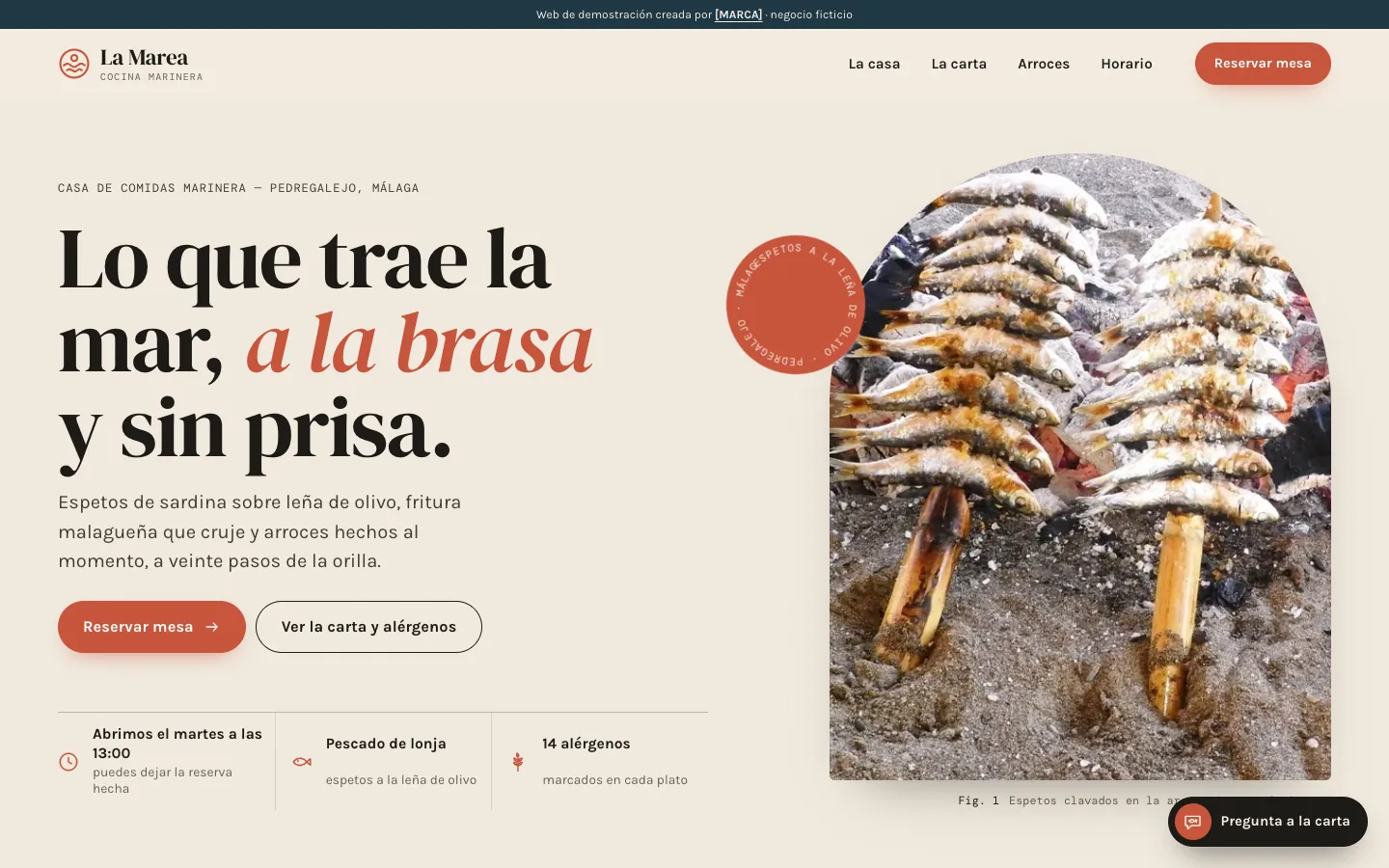 Captura de la web de demostración del restaurante La Marea