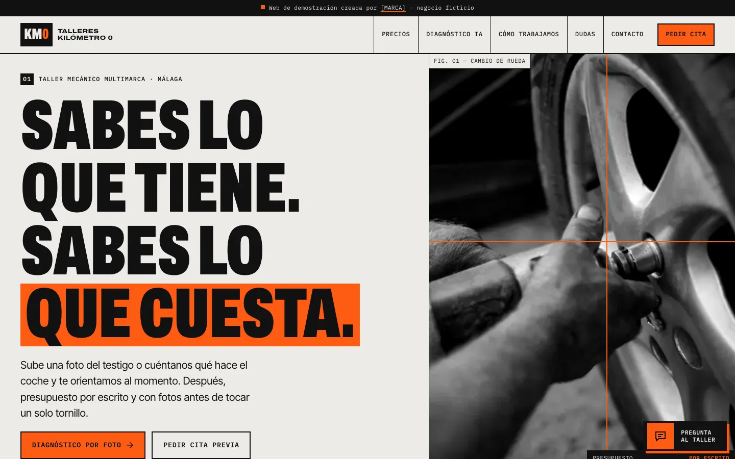 Captura de la web de demostración de Talleres Kilómetro 0
