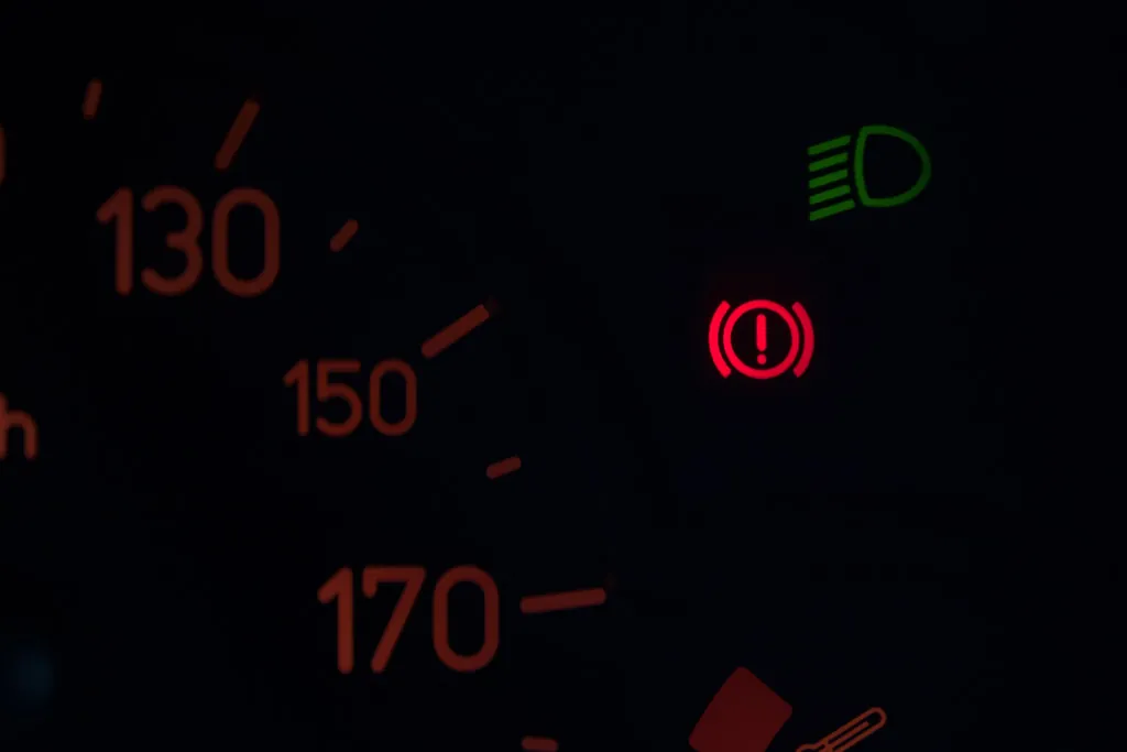 Testigo rojo de freno encendido en el cuadro de un coche